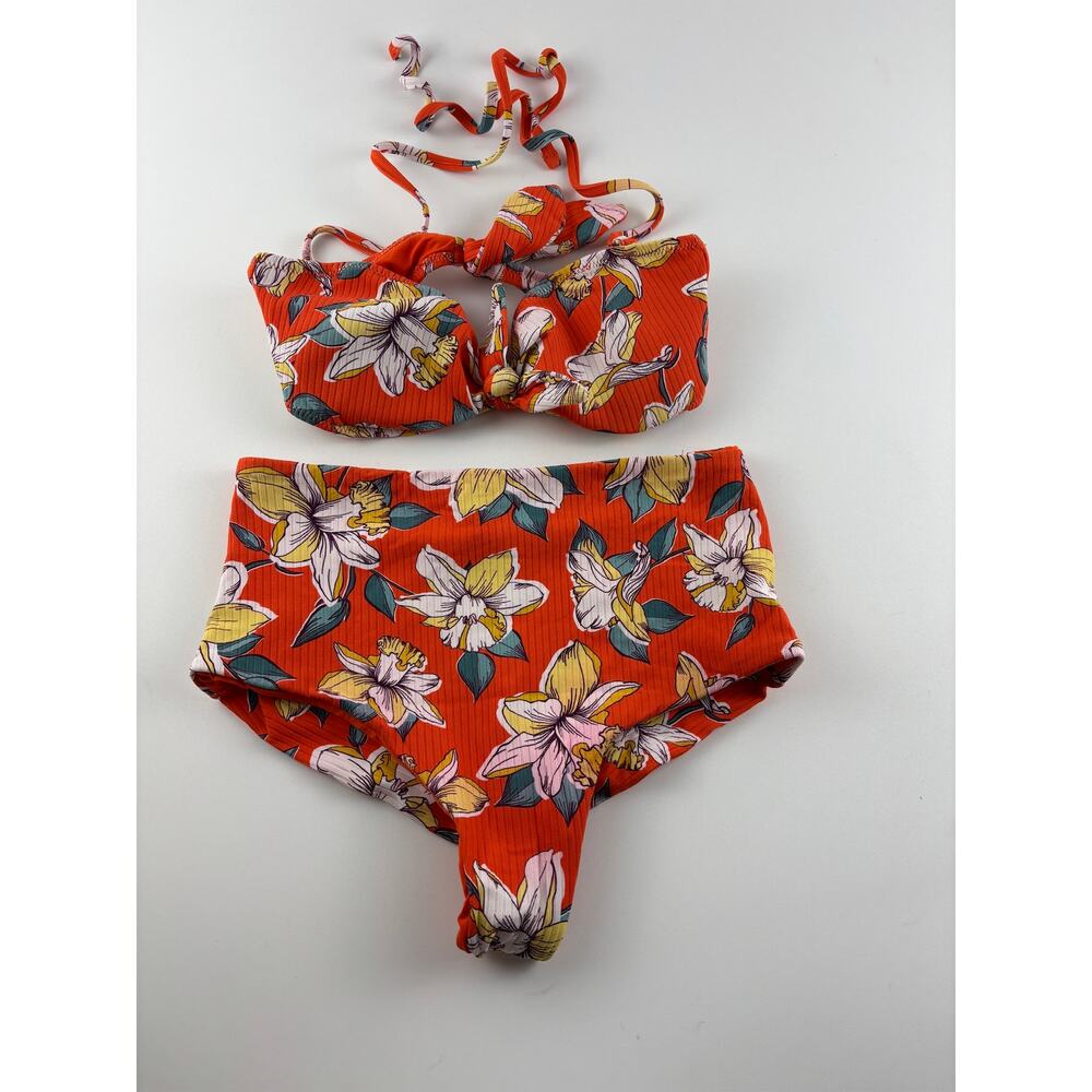 Eberjey Orange Floral Ribbed Bikini Set Small Tie Front High Waist
